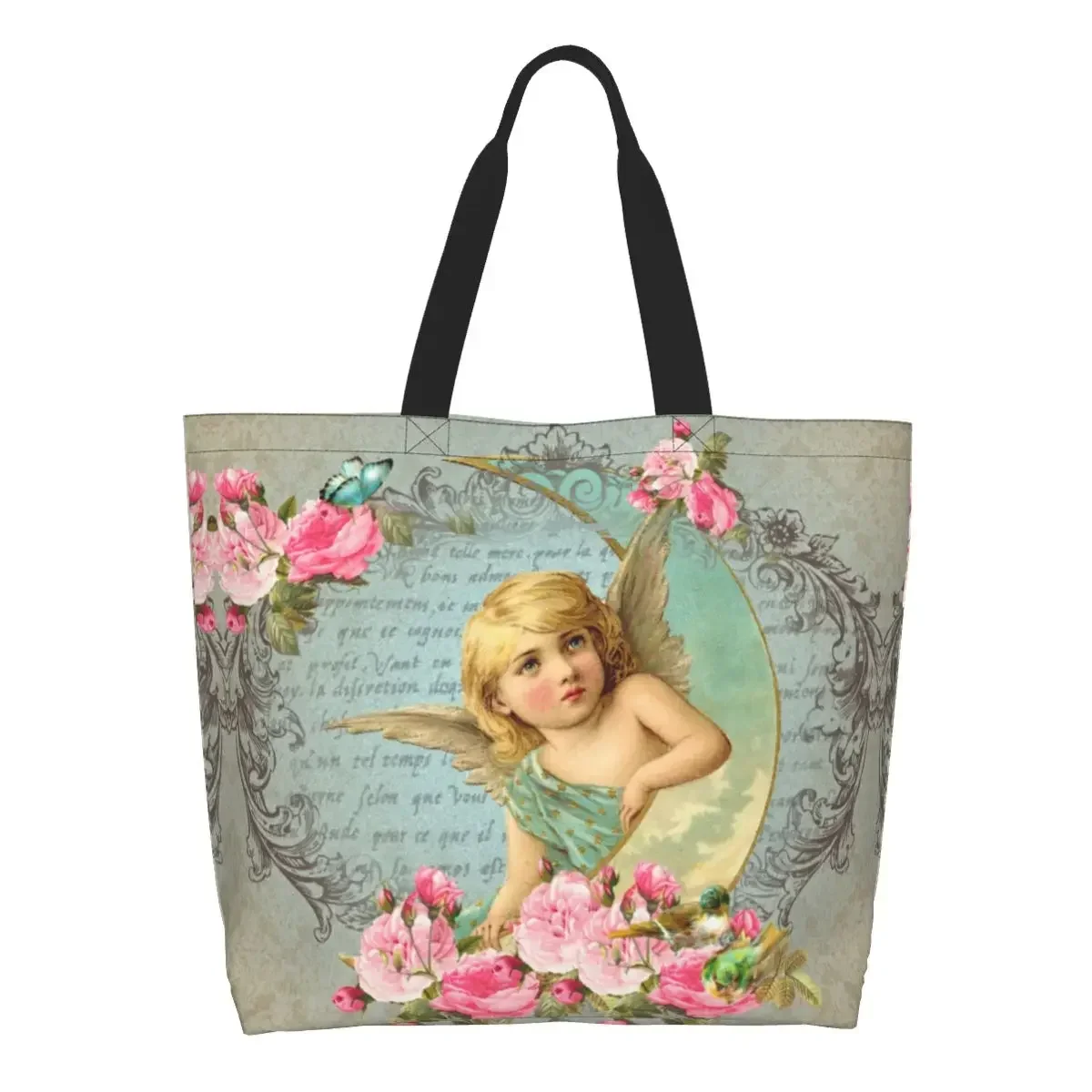 Custom Vintage Rose Victorian Angel Canvas Shopping Bags Women Portable Large Capacity Groceries Shopper Tote 