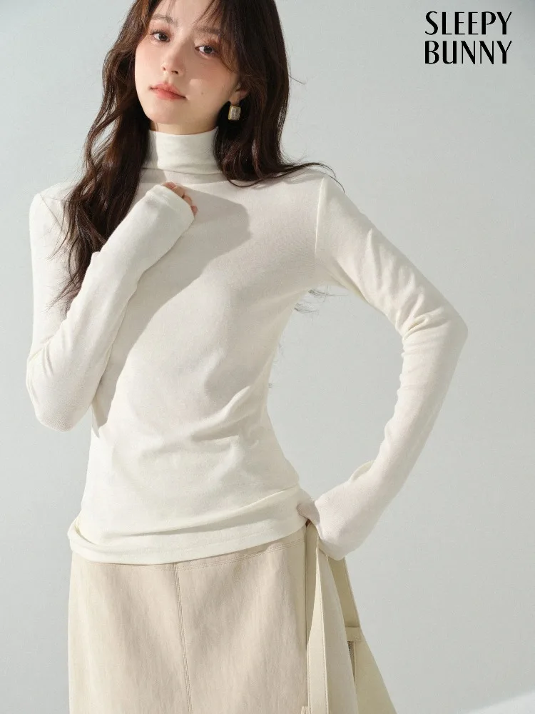 Wool Turtleneck Knit Top Women Slim Long Sleeve Base Layer Soft Stretch High Neck Sweater Elegant Minimalist Innerwear Autumn