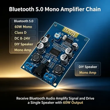 60W Bluetooth 5.0 Mono Amplifier Board, Class D Audio Module DC 8-24V for DIY Speaker