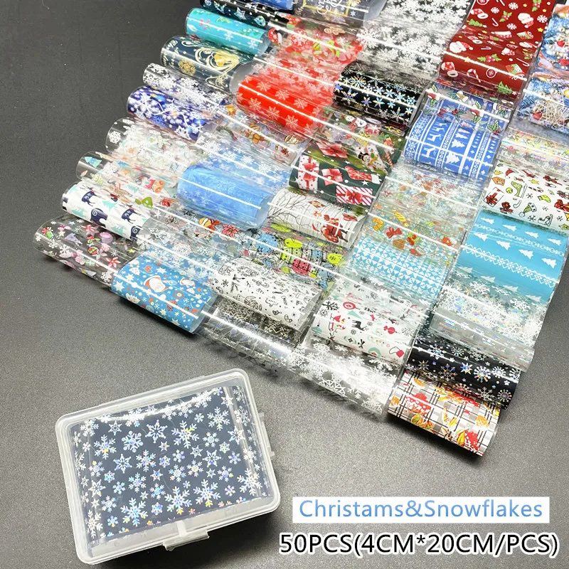 50 Rolls/Box Halloween Nail Foils for Floral Transfer Paper Christmas Stickers Xams Wraps Set DIY Animal Nails Art Decorations