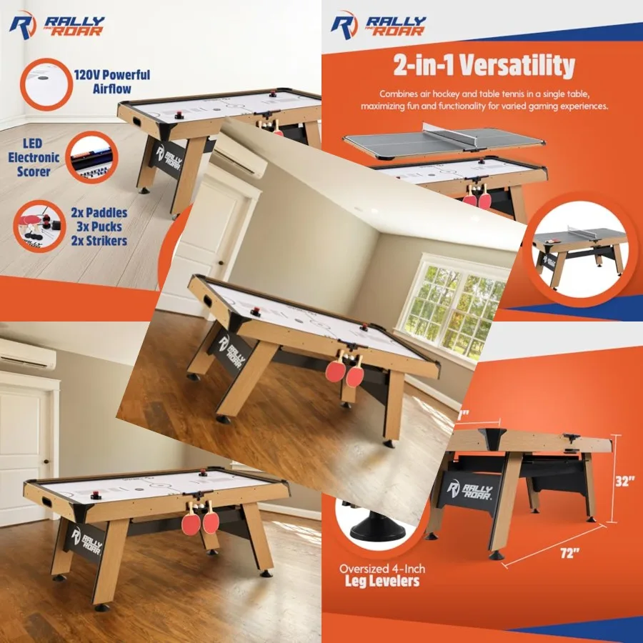 

72 Inch Air Hockey Table for home game room use MDF wood material black color LED scorer and reversible table tennis top