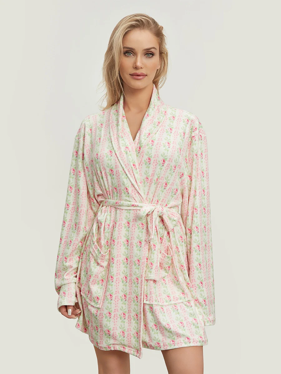 Women s Spring Autumn Sleep Robe Long Sleeve Lapel Belted Floral Nightgown with Pockets