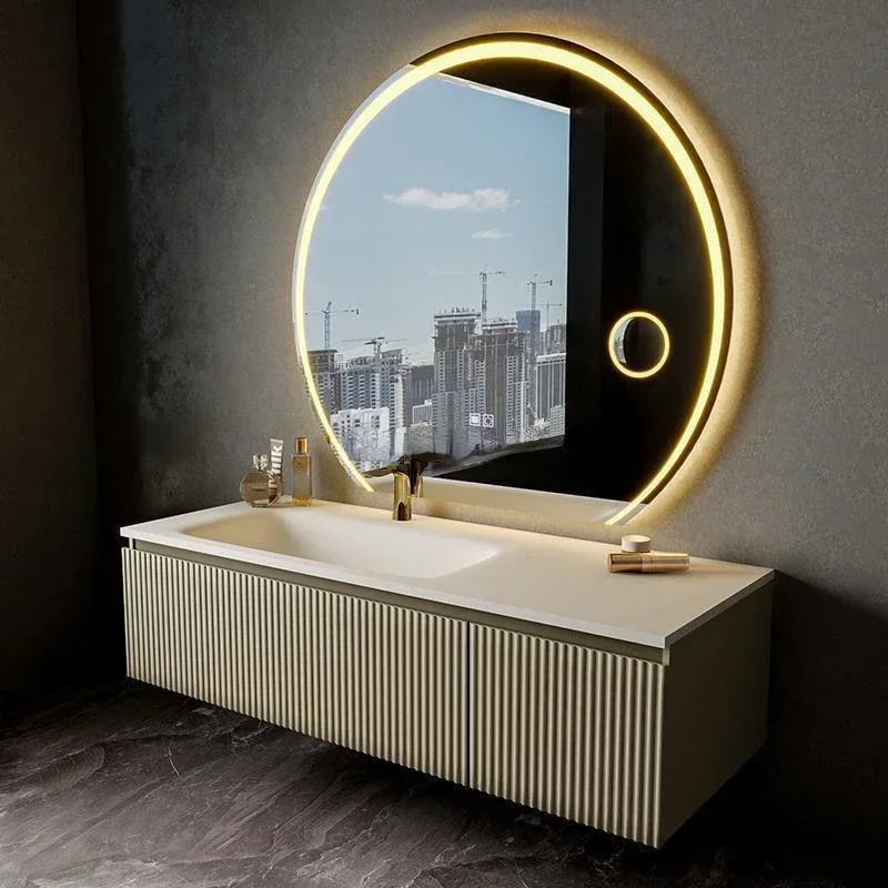 

Light Luxury Oak Bathroom Cabinet LED Smart Mirror Slate Integrated Washbasin Bathroom Vanity Sink Cabinet Bathroom Furniture