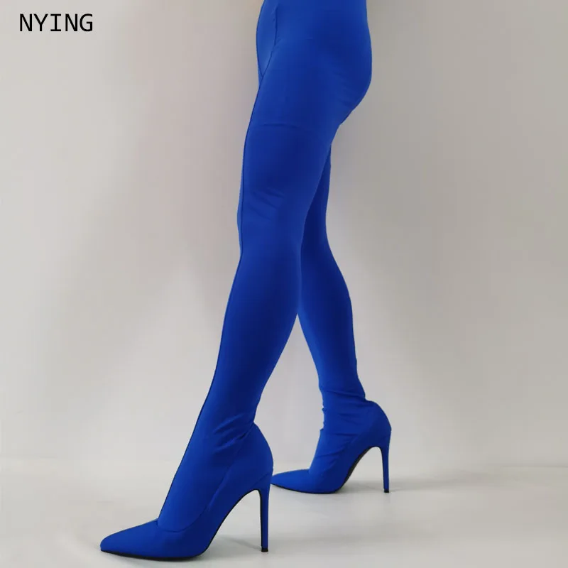 Women Bright Blue Stretch Fabric Pointed Toe Over The Knee Thigh High Stiletto Heel Boots Skinny Pull On Party Club Sock Boots