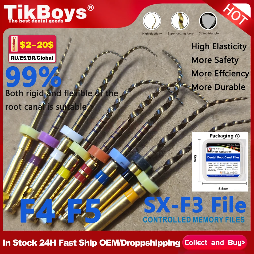 

SX-F3 Dental Gold Flexible Files Endo Rotary Files Golden Endodontic 19/21/25mm Nickel Titainium F5Dentistry Root Canal Material