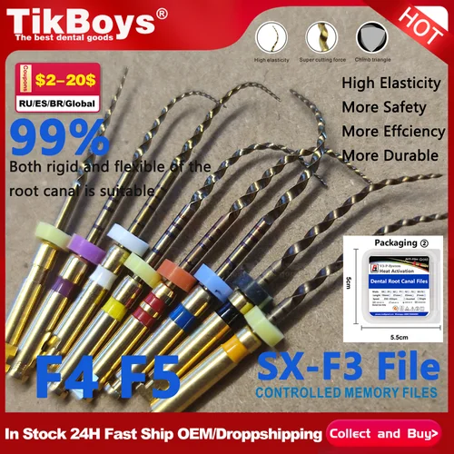 Limas flexibles de oro Dental SX-F3, limas rotativas Endo, endodoncia dorada, 19/21/25mm, níquel Titainium F5, Material de conducto radicular para odontología