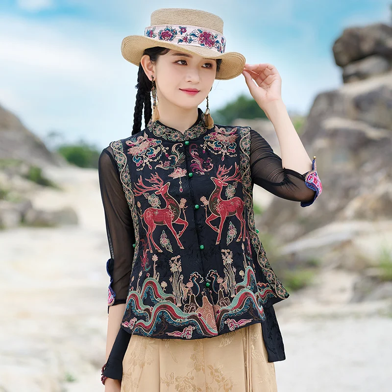 New Heavy Embroidery Design Satin Surface Floral Embossed Vest Slimming High End Women's Retro Style Casual Wear Outerwear