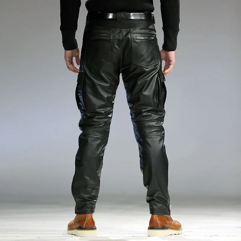 Motorcycle Riding Casual Genuine Leather Men's Trousers Japanese Slim Windproof Multi-pocket Cowhide Pants