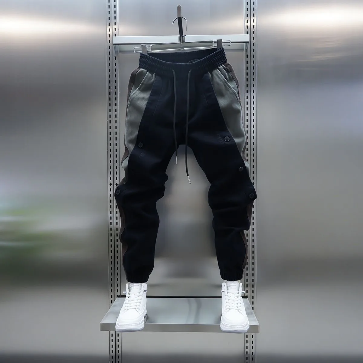 

Мужские осенне-зимние повседневные брюки больших размеров в стиле пэчворк с манжетами, корейские модные облегающие длинные брюки, модные брендовые дышащие брюки