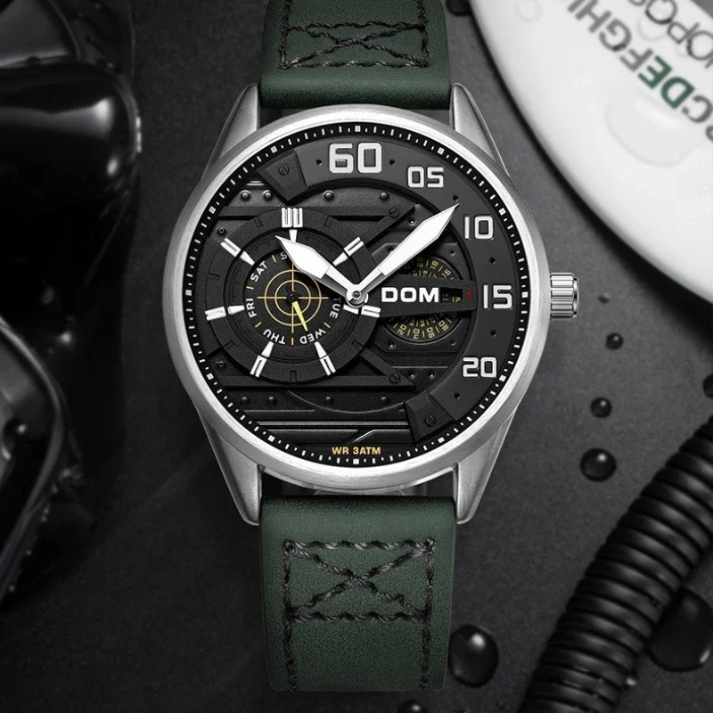 DOM 1328 Brand Men's Fashion Multifunctional Watch Calendar Waterproof Week Casual Leather Quartz Watches for Man Reloj Hombre