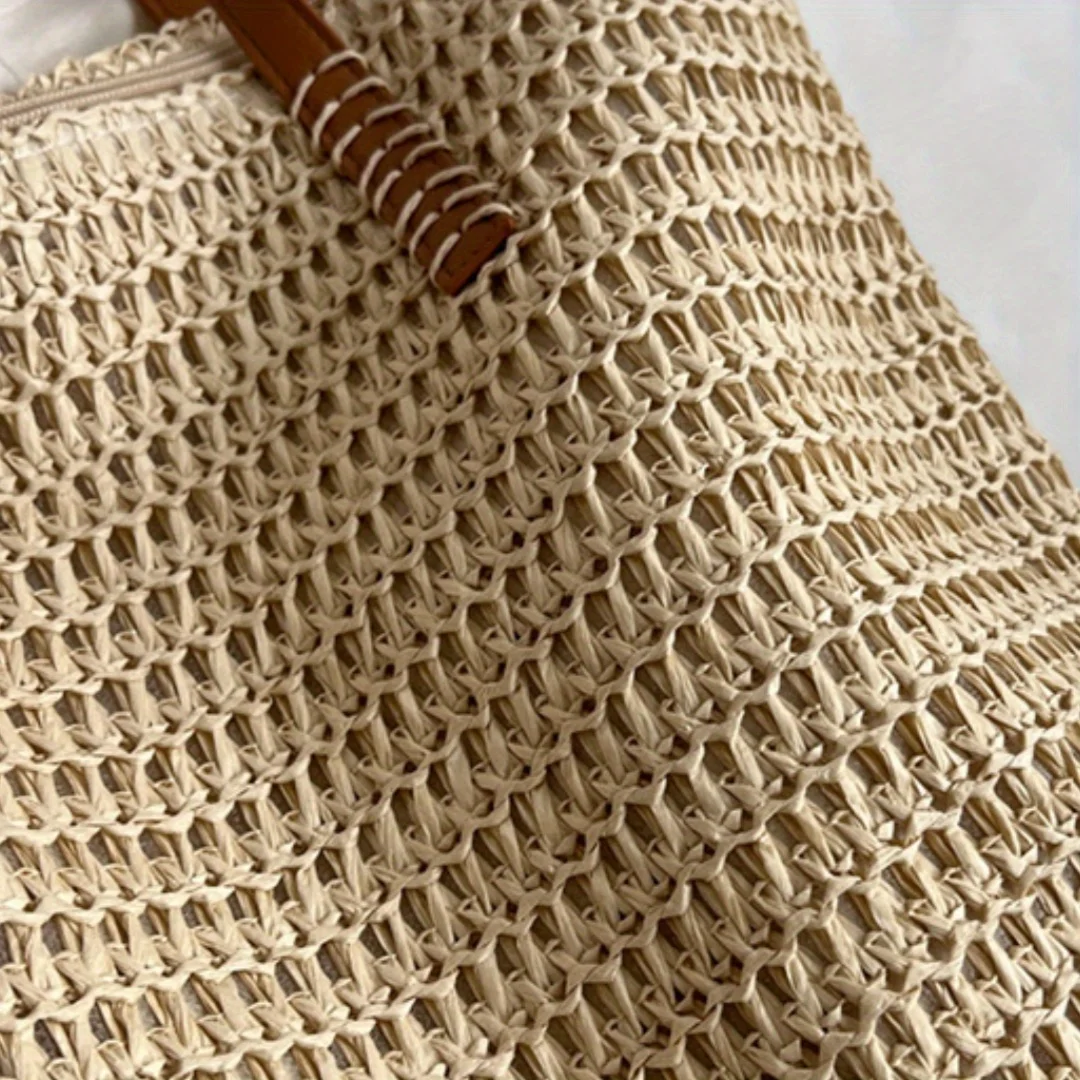 Modische und vielseitige gewebte Damentasche mit Reißverschluss für Reisen, Strandtasche mit großem Fassungsvermögen, Handtasche – Detail 5