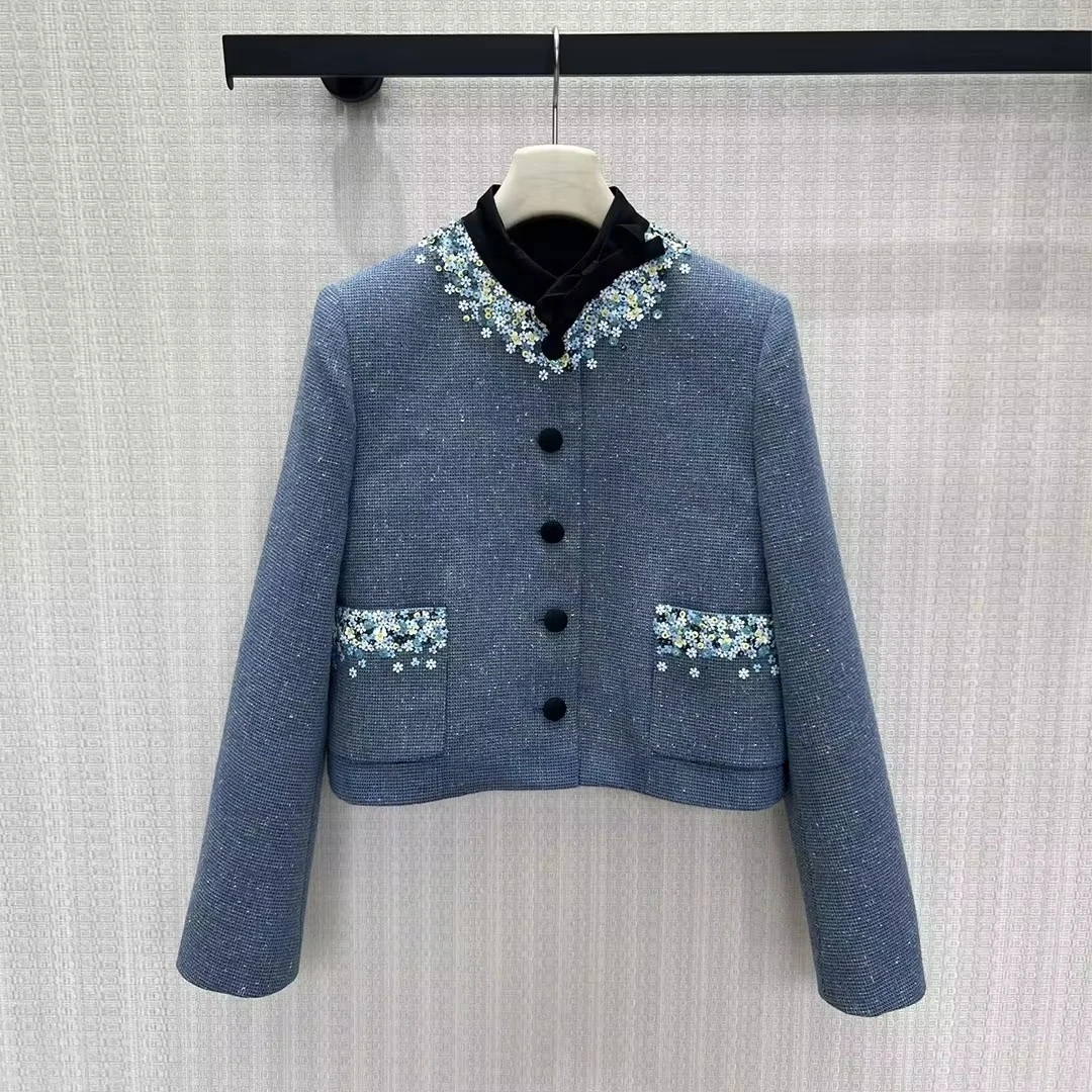 2026 New Autumn Fashion Blue Sequins Embroidery Flower Bow O-neck Woven Tweed Jacket Women Sweet Vintage Silk Liner Short Coat