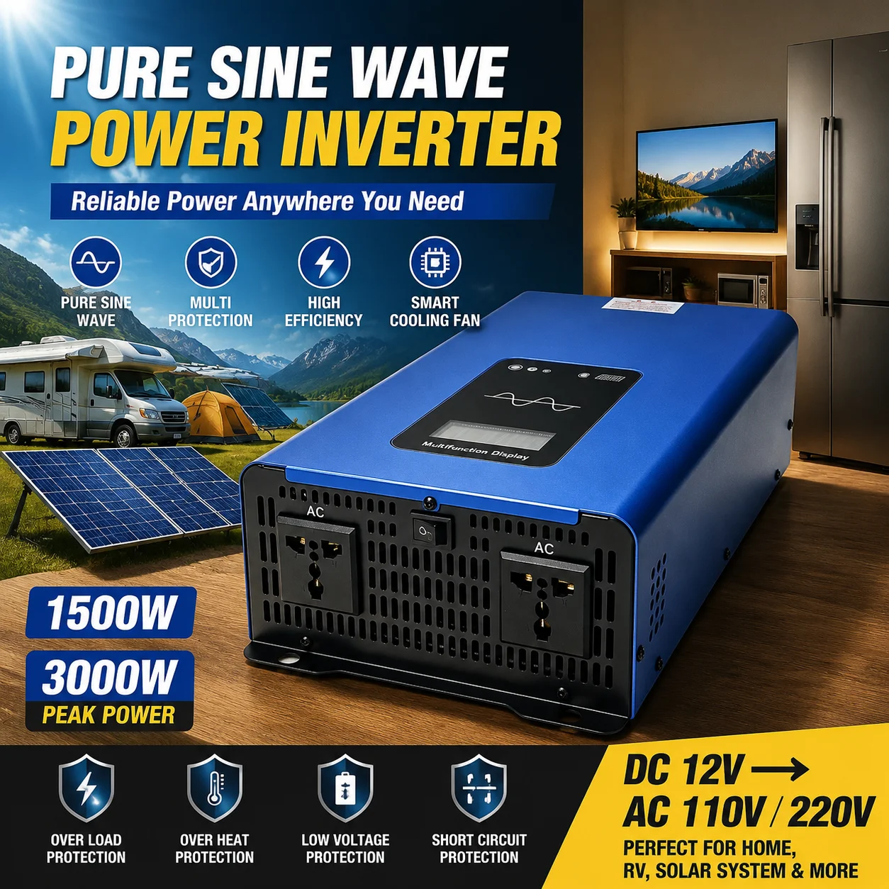 Fonsoul Pure Sine Wave Solar Inverter 1600W DC 12V 24V to AC 110V 220V Home Appliance Lead Acid/ Lithium Battery Universal Socke