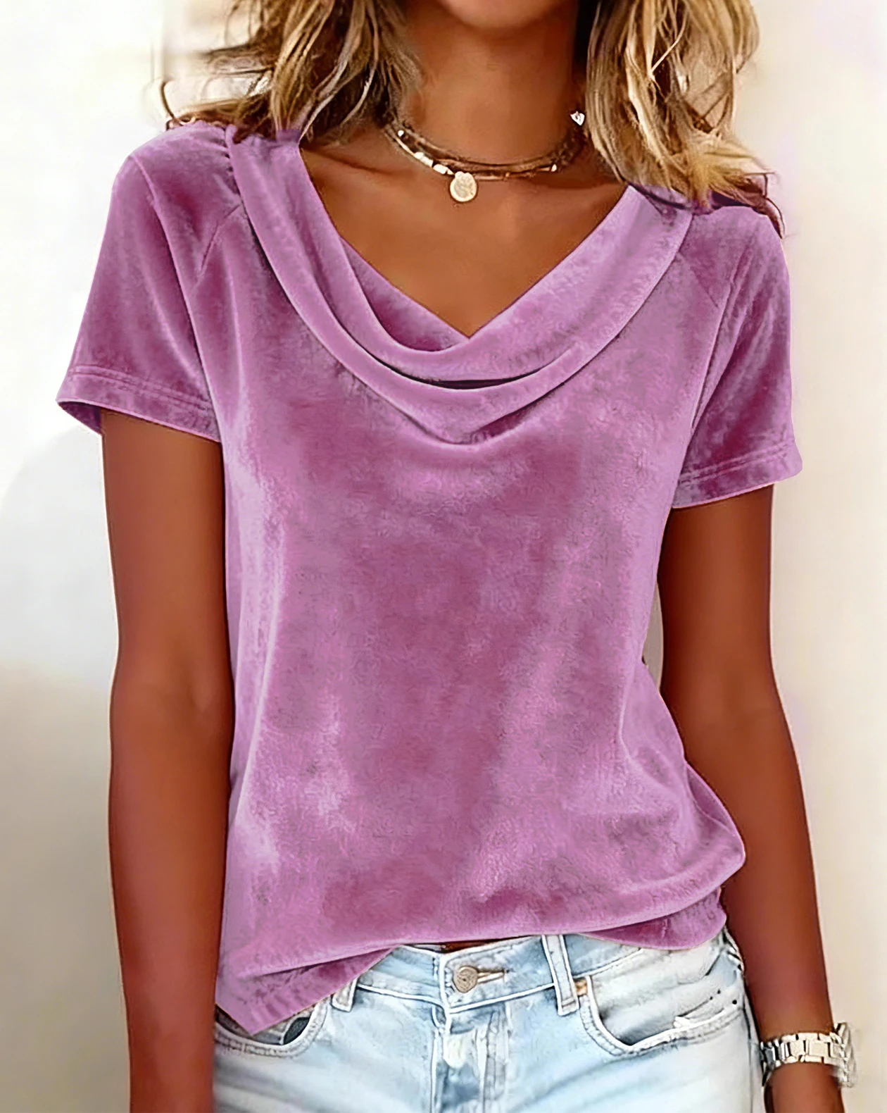 2026 Neues Damen-T-Shirt in Unifarbe mit Drapiertem Ausschnitt, Sexy Samt-Kurzarmshirt – Detail 3