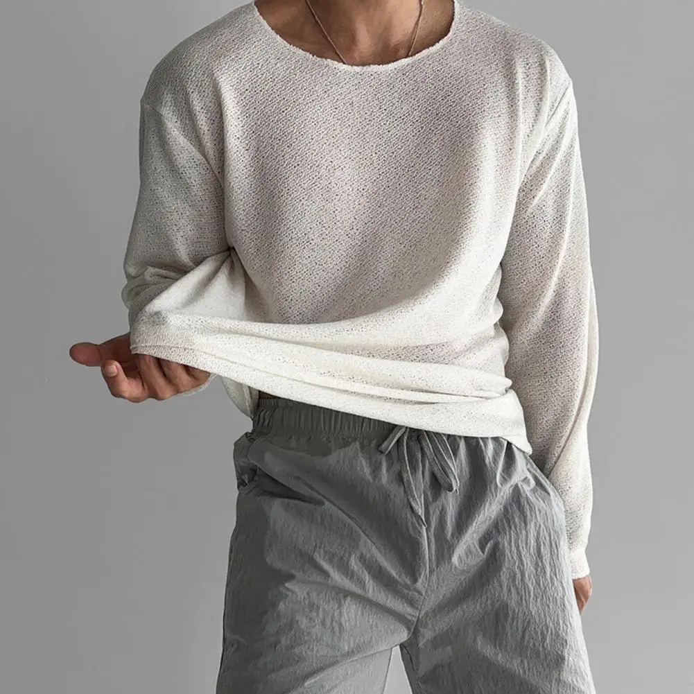 Spring Autumn Men Top Round Neck Long Sleeves Thin Hollow Solid Color Loose Mid Length Pullover Hip Hop Streetwear Sweatshirt