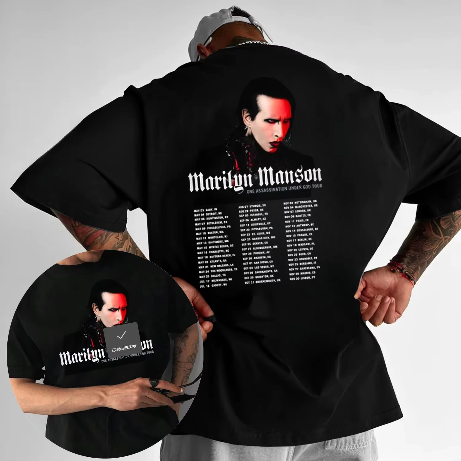 Ein T-Shirt der Tour „Killing God“ mit Marilyn Manson-Aufdruck, Herren-T-Shirt aus reiner Baumwolle, ganzjähriges Streetwear-Oberteil für Paare, grafische T-Shirts