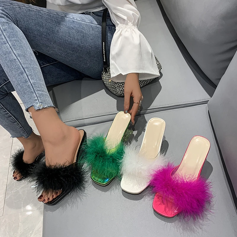 Ladies Feather Slippers Transparent Strange High Heels For Women Fashion Clear PVC Square Open Toe Fur Sandals Heels Mules Slide