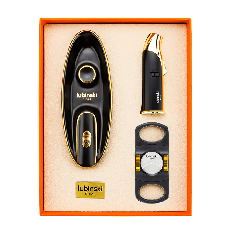 Luxurious Cigar Set with Sharp Cutter Windproof Lighter Ceramic Ashtray Travel Tool Cigar Tool Fashion Gift CG-005