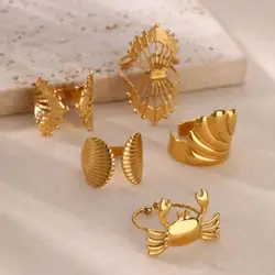 Gold Plated Stainless Steel Sea Shell Crab Rings For Women Marine Organism Finger Ring Fashion Christmas Funny Jewelry Gift