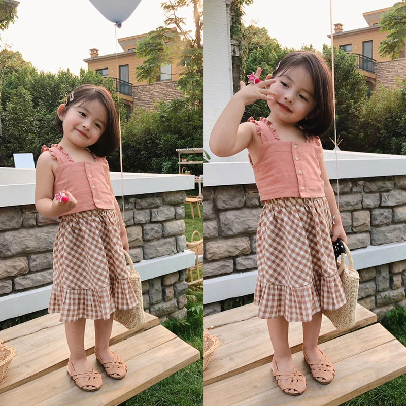 2PCS/Set Girls Summer Princess Suits Girl Sleeveless Shirt+Half Skirt Two-piece Set  Skin-friendly Breathable Chic Button Decor