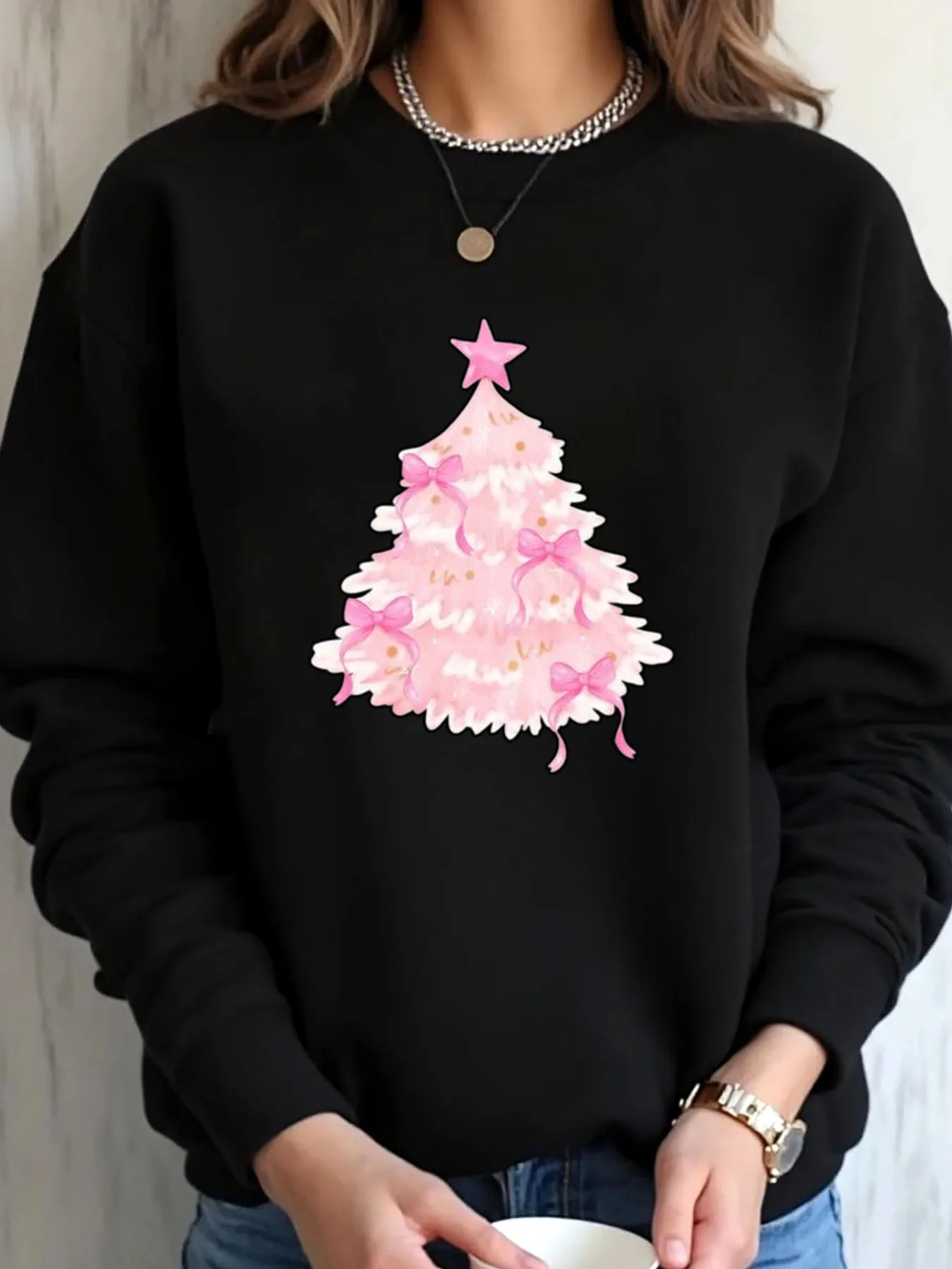 

Женская толстовка большого размера с принтом рождественской розовой елки, уличная одежда