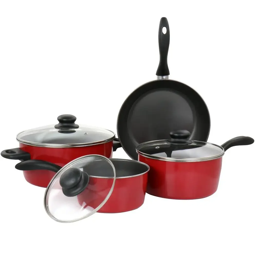 Nonstick Carbon Steel Cookware Set Bakelite Handles Tempered Glass Lids 7 Piece Red Armada Collection Low-Fat Cooking Even Heat