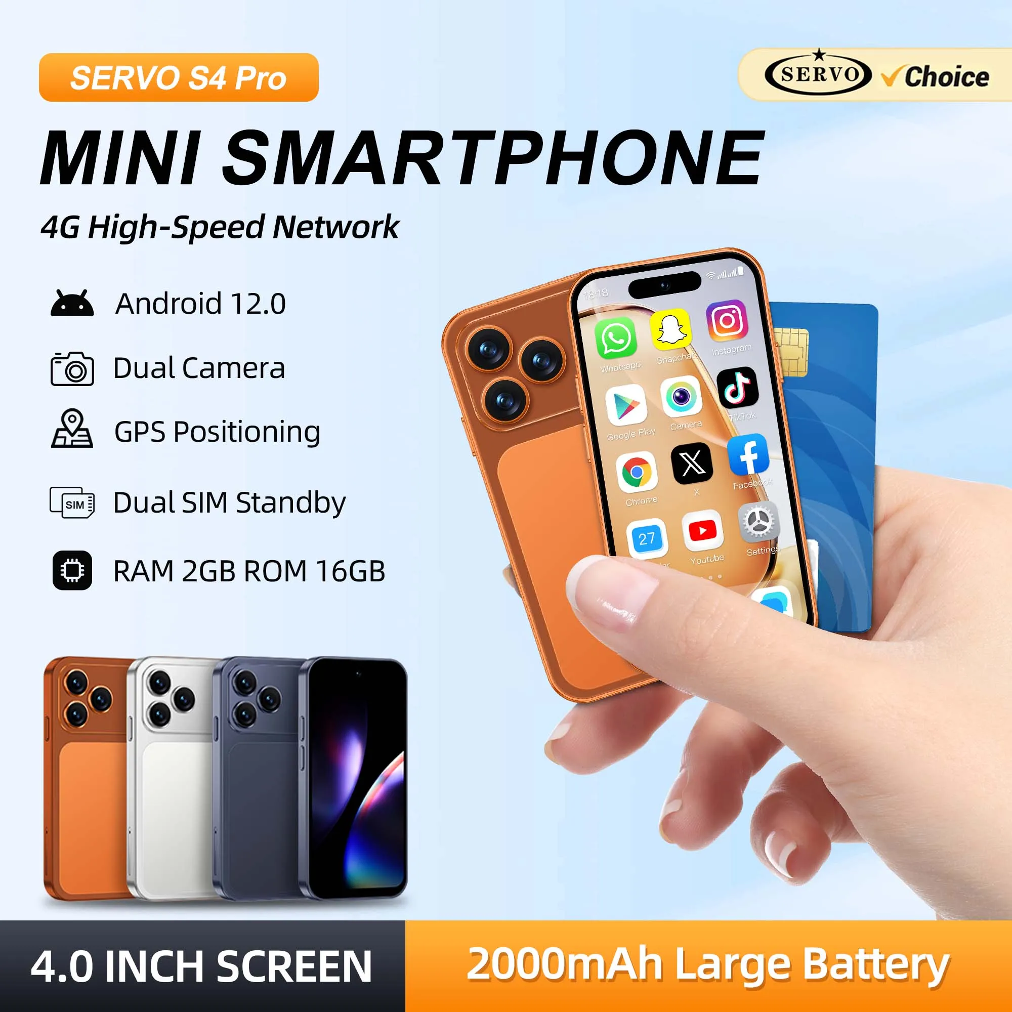 SERVO S4Pro Mini Pocket 4G LTE Android 12 Smartphone 4.0 Inch Display 16GB ROM Face Unlock WiFi Dual SIM Play Store Mobile Phone