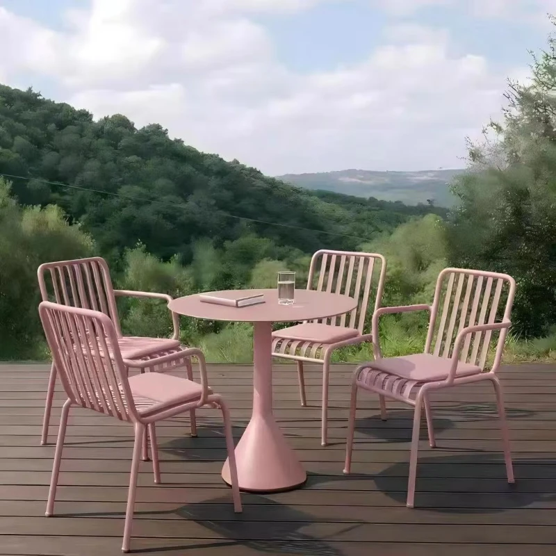 Pink durable outdoor wrought iron four-piece set of tables and chairs, waterproof design, suitable for balcony/courtyard use