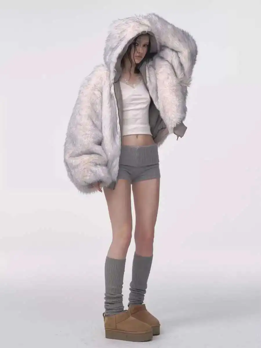 Winter American Retro Fur Coat Women Padded Hooded Cotton-Padded Jacket Plush Casual Street Gothic Harajuku Oversize Coat