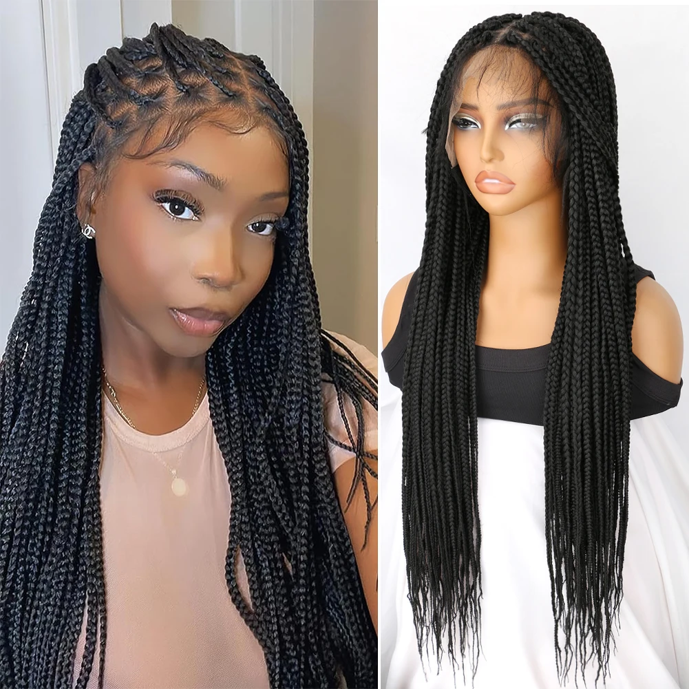 Lace Front Wigs for Women Synthetic 32 Inch Knotless Box Braid Wig With Baby Hair Black Hand Full double lace Braid Wig