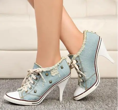 

Fashion Booties Women Sexy Thin High Heel Lace Up Rivet Denim Shoes Fashion Light Blue Casual Canvas Shoes Female Pumps Woman