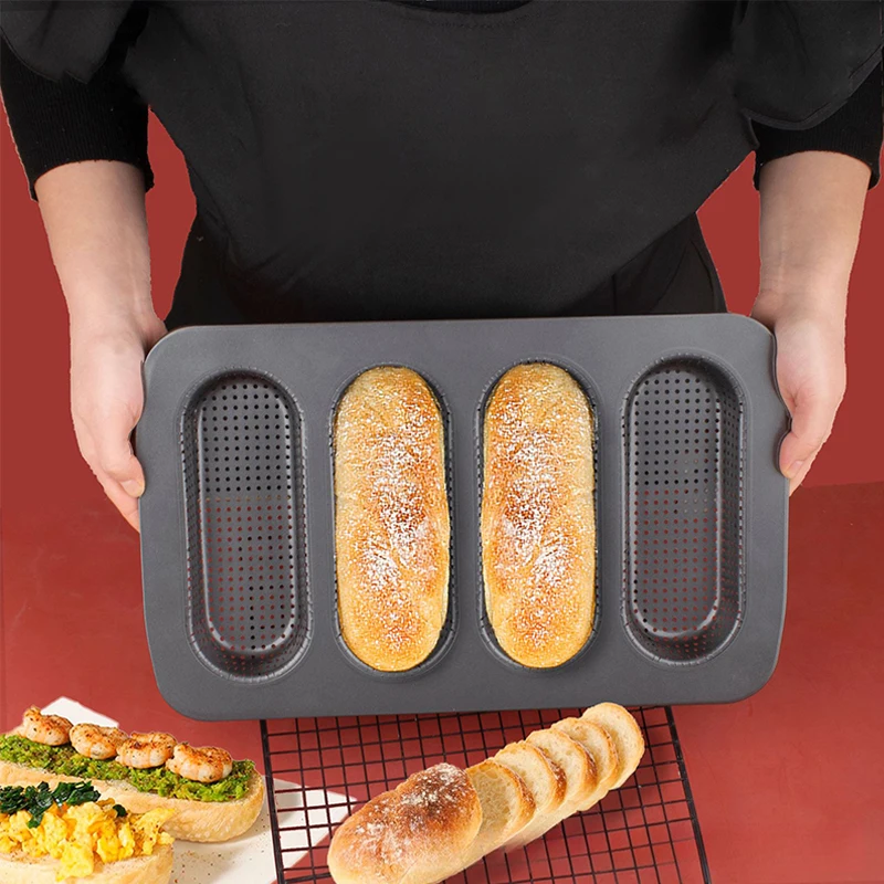 4 Grids Perforated Carbon Steel Non-Stick Hotdog Cake Bun Mould Bread Forms Crispy Baking Tray French Toast Baking Pan