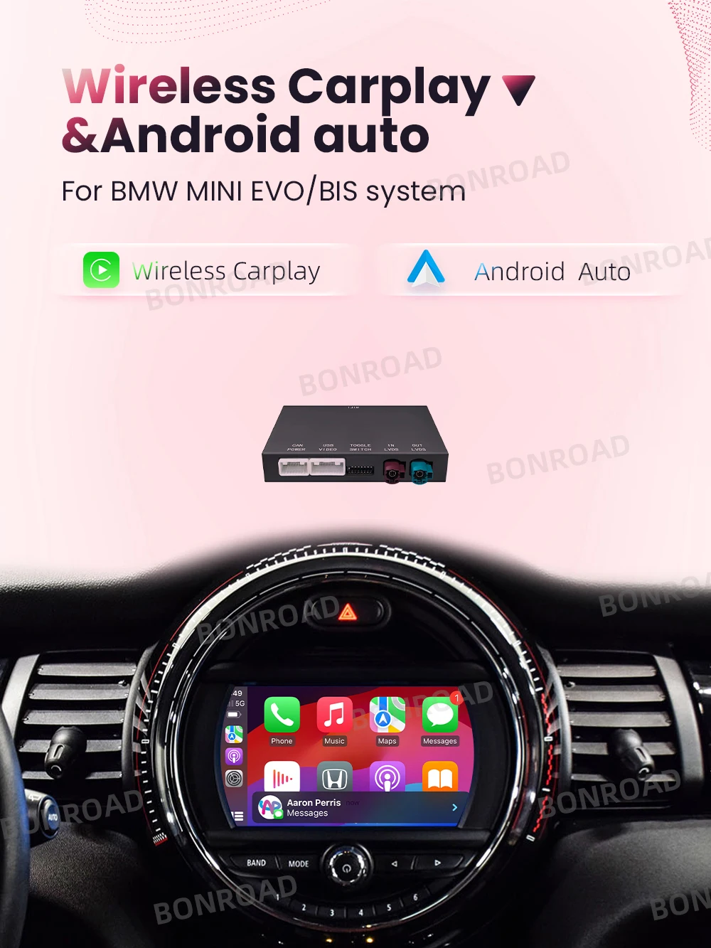 BONROAD Wireless CarPlay Android Auto Interface Adapter Modul für BMW MINI Cooper F55 F56 F57 F54 F60 EVO BIS GPS Bluetooth