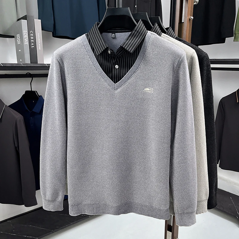 겨울 핫 세일 신상품 남성 셔츠 칼라 페이크 투피스 벨벳 두꺼운 프린트 따뜻한 니트웨어 브랜드 패션 오피스 남성복