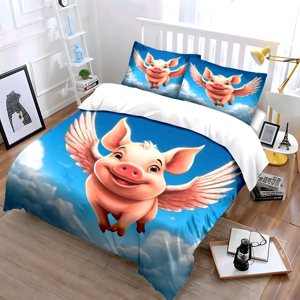 Flying Pink Winged Pig Printed Duvet Cover Set1 Duvet Cover+2 PillowcaseMulti Size Bedroom Bedding Decoration Luxury gifts