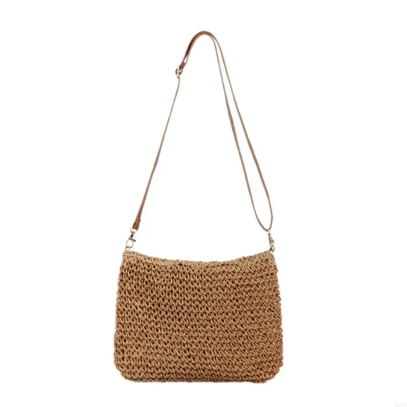 G7NB Woven Paper Rope Shoulder Bag Vintage Crochet Flower Zippered Crossbody Bag