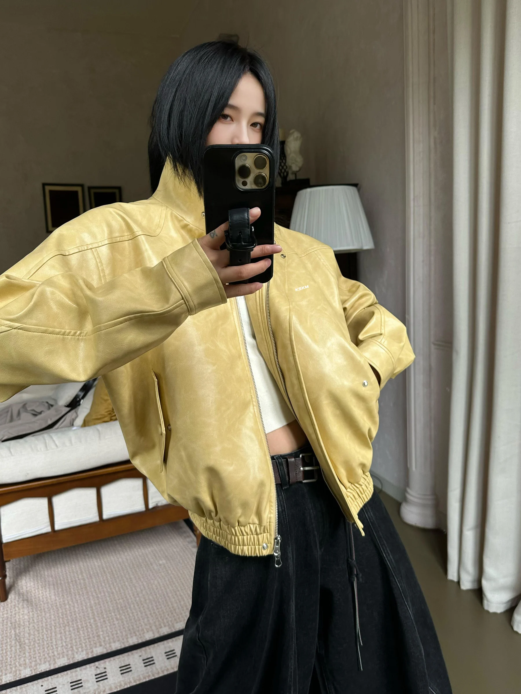 Kaeng レディース イエロー レザー ジャケット バイカー パイロット ジャケット アメリカン スレ 秋 ファッション 高級感 ルーズフィット オルト コート