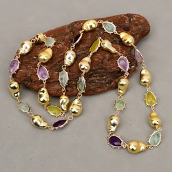 GG 35'' Natural Gems Stone Fluorite Lemon Quartz Amethyst Jade Long Necklace Fashion Necklaces For Women