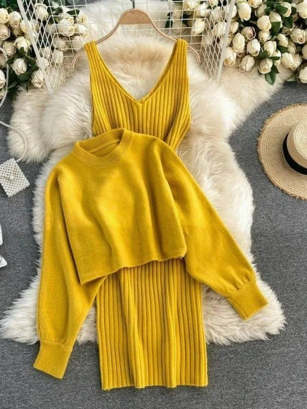 

Batwing Sleeve Two Piece Set 2025 Autumn Winter Camisole Dress Hermeneutics Aesthetic V Neck Bodycon Womens Fashion