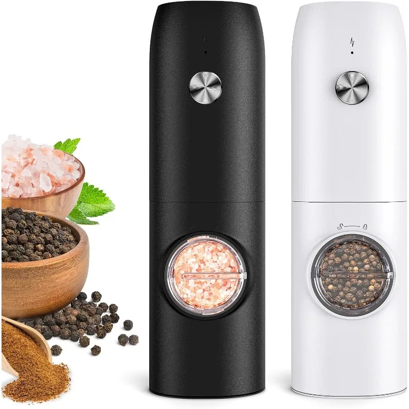 Electric Salt and Pepper Grinder Set (2 Pack), Rechargeable - No Battery Needed - , Adjustable Coarseness, LED Light