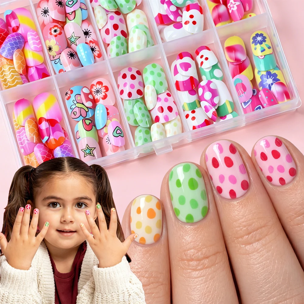 120pcs Square Round Flower Polka Dots Child False Nails Candy Color Mermaid Fish Scales Kids Press On Nails Pink Wearable Nails