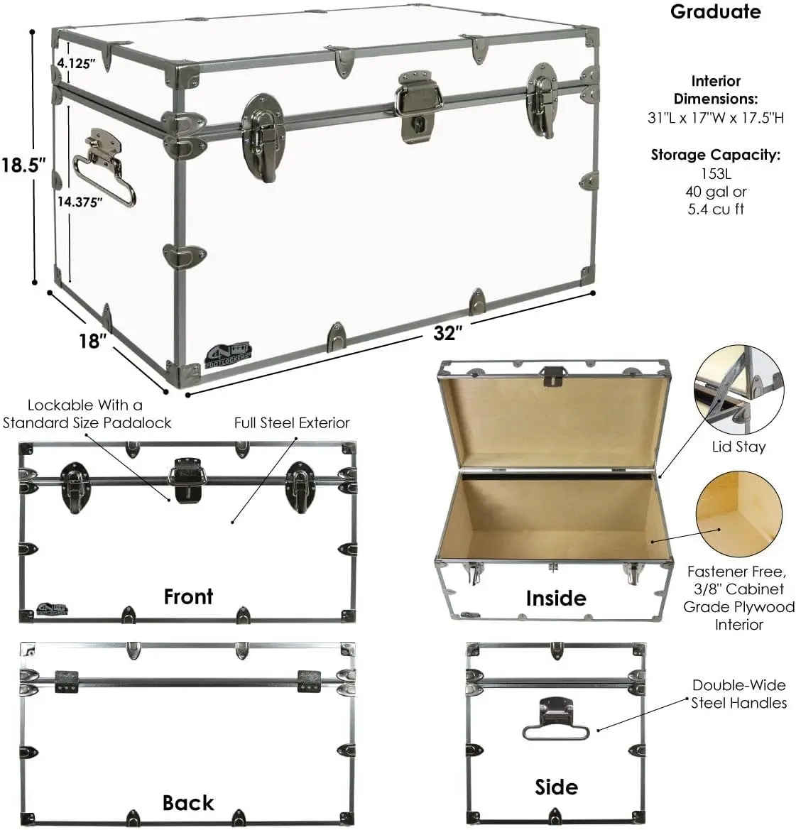 C&N Footlockers - XL Graduate Storage Trunk w/Wheels - Made in the USA - STEEL Footlocker for College Dorm Room & Summer