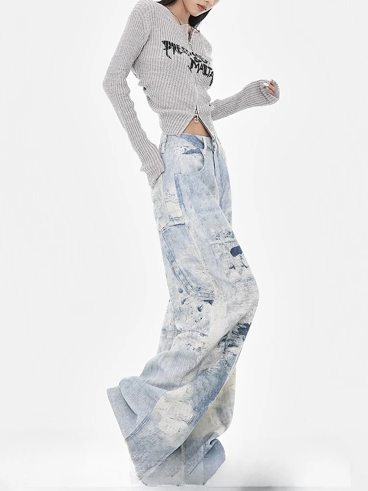 Pantaloni da donna nuovi primaverili e autunnali, pantaloni in denim alla moda a gamba larga a vita alta tinti con cravatta blu