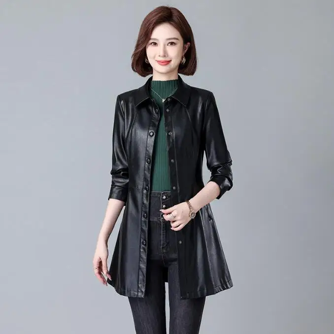 Neue Frauen Frühling Herbst Leder Mantel Lässige Mode Drehen Unten Kragen Medium Lange Lose Trenchcoat