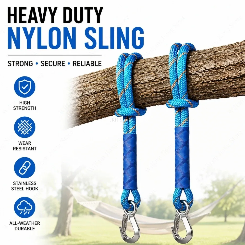 Outdoor Nylon Sling Strap Heavy Duty with Metal Hook Wear Resistant for Hammock Tree Swing Patio Chair Garden Hanging Use