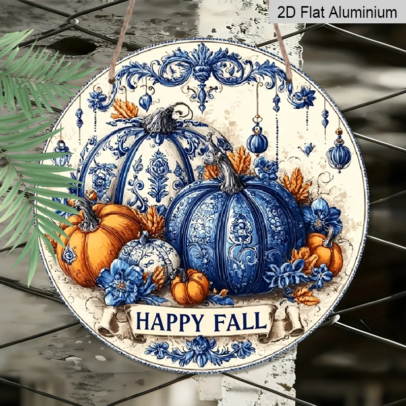 2D Flat Printed, 1pc Blue & White Porcelain Autumn Pumpkin Wall Art - Aluminum Hanging Circular Pediment with Happy Fall