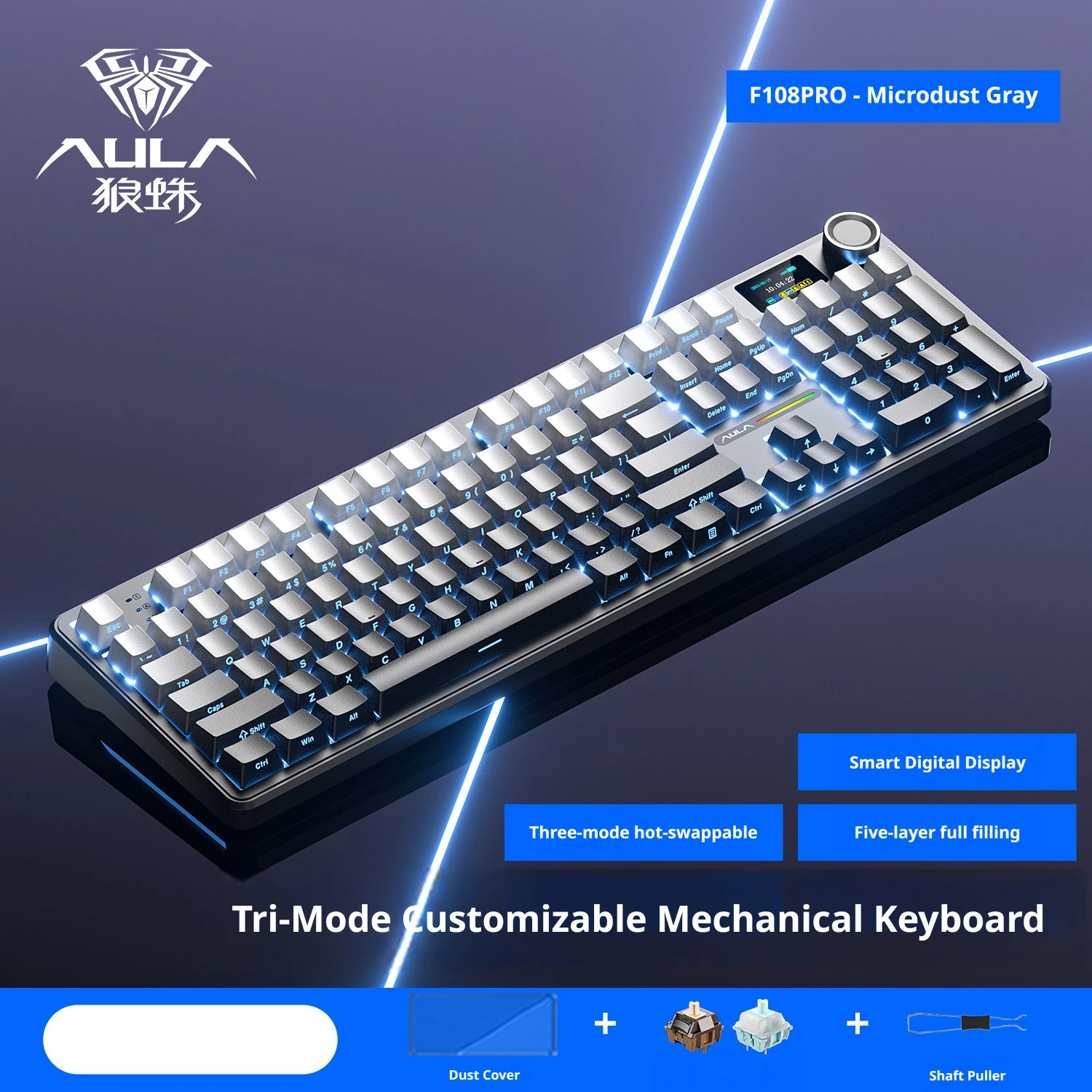 AULA F108 PRO Full-size Mechanical Keyboard W/ Screen Knob 8000mAh Battery PBT Keycap RGB Backlit Hot Swappable Gaming Keyboards