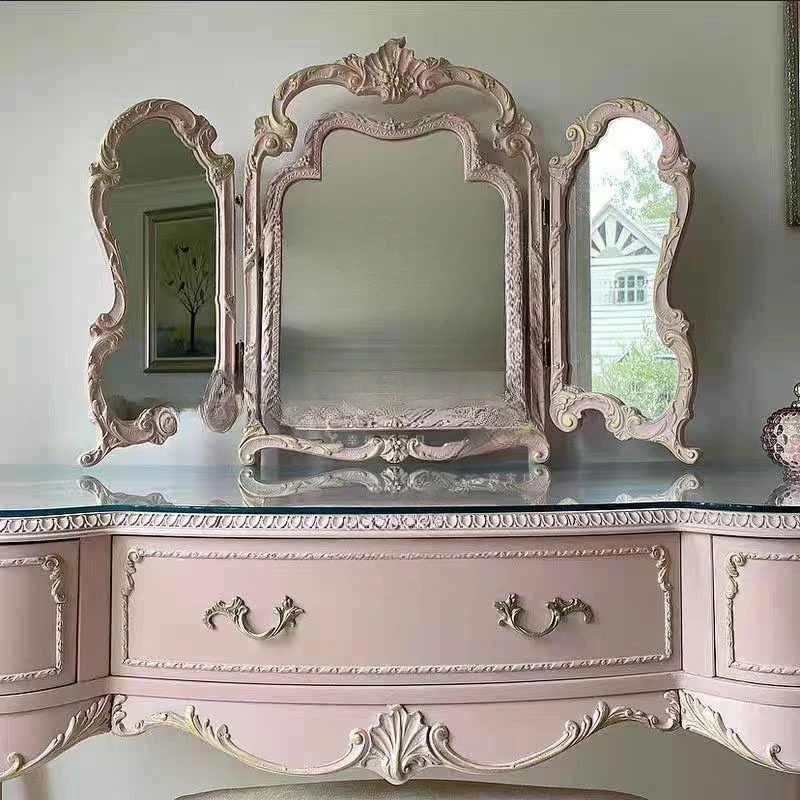 French Rococo solid wood vintage pink dressing table, European photo studio carved decoration table with mirror