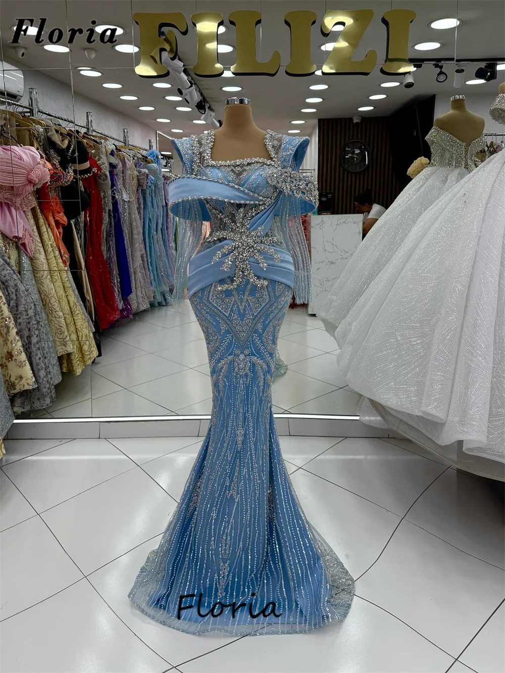 

Blue Off Shoulder Evening Dresses Customized Formal Occasion Dress Robes De Soiree Mermaid Beaded Wedding Party Gowns Customized