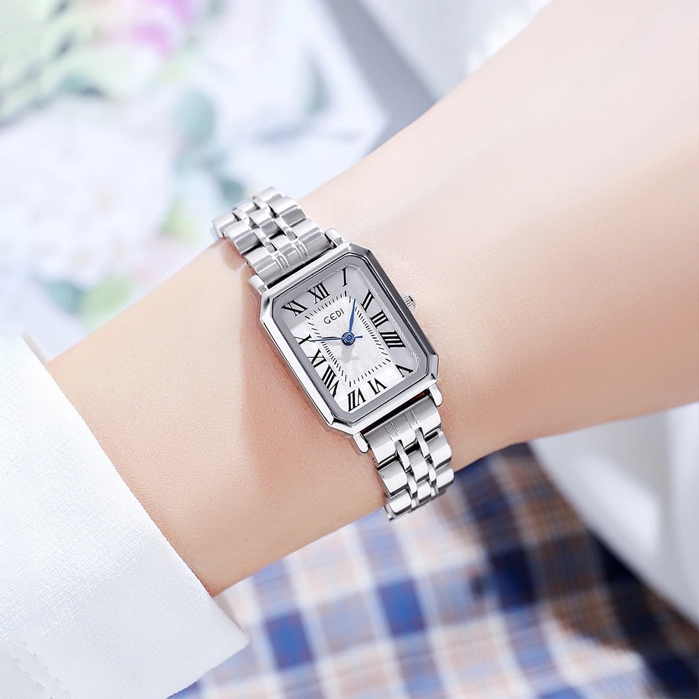 

GEDI Fashion Business Rectangle Stainless Steel Quartz Wrist Watch for Women Roman Numeral Scale Waterproof Ladies Wristwatch